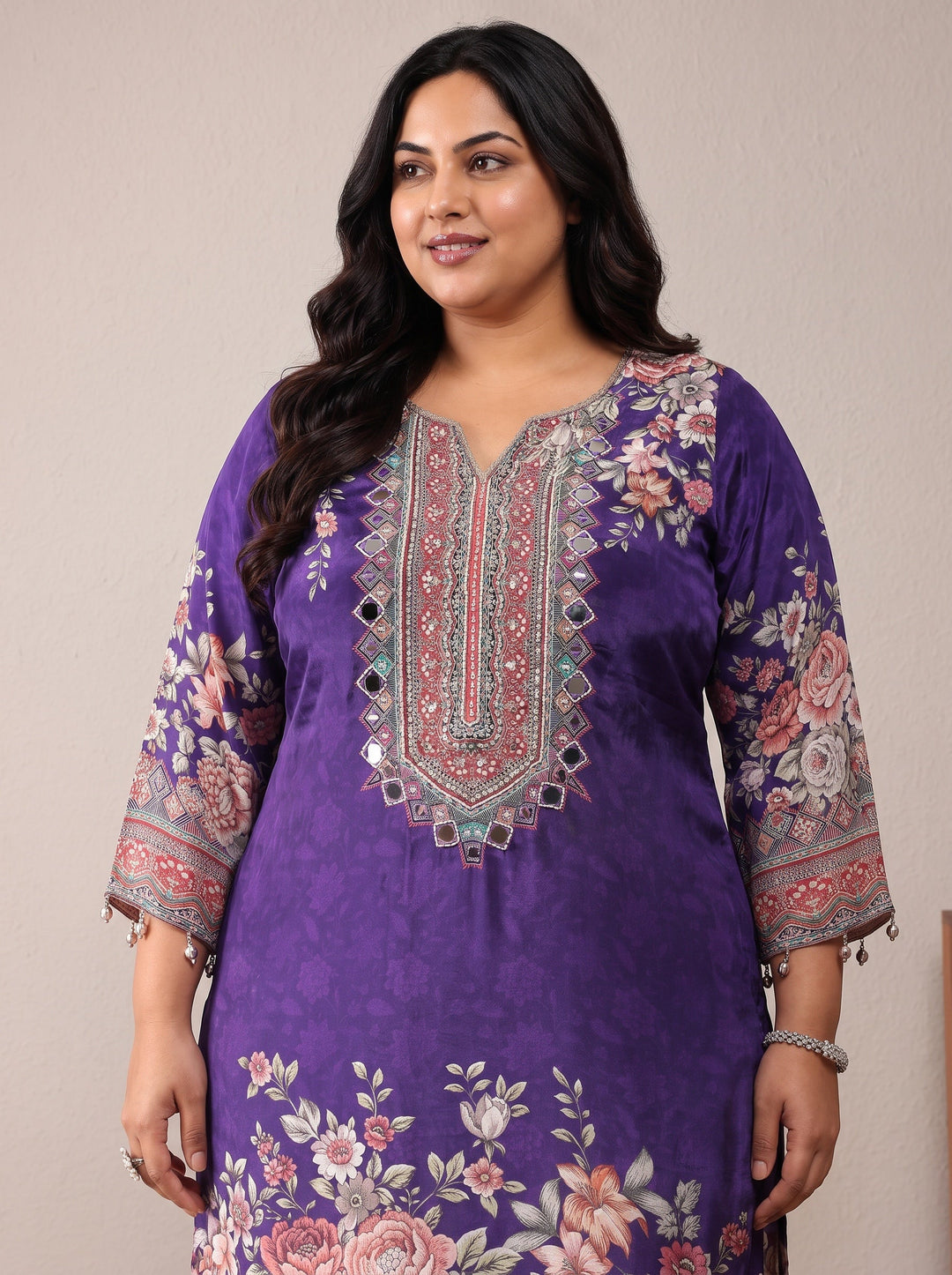 Plus Size Purple Printed Silk Crepe Straight Suit Set With Dupatta