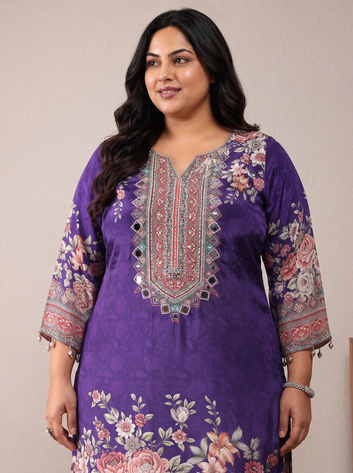 Plus Size Purple Printed Silk Crepe Straight Suit Set With Dupatta
