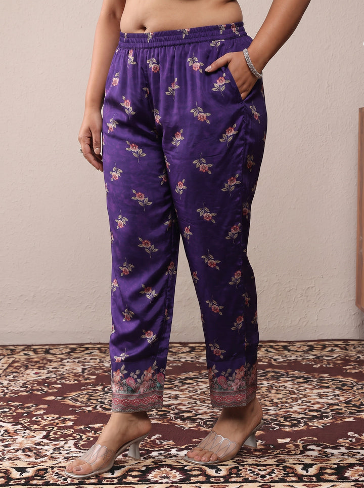 Plus Size Purple Printed Silk Crepe Straight Suit Set With Dupatta