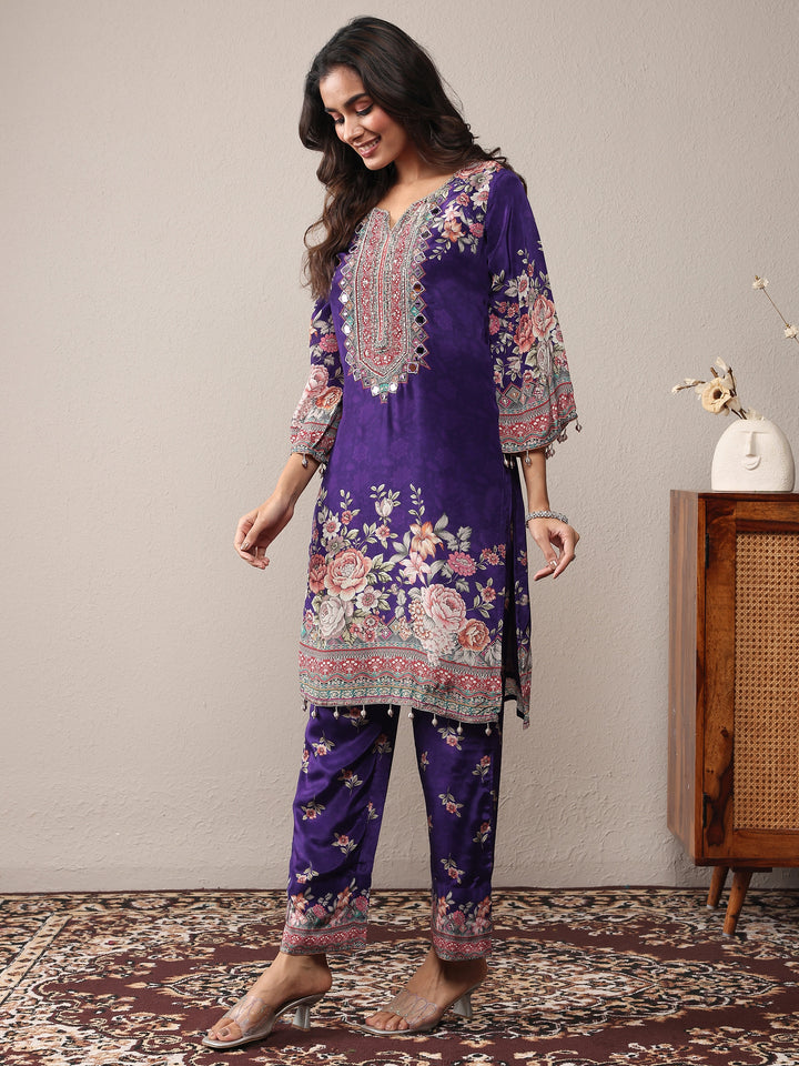 Libas Art Purple Printed Silk Crepe Straight Suit Set With Dupatta