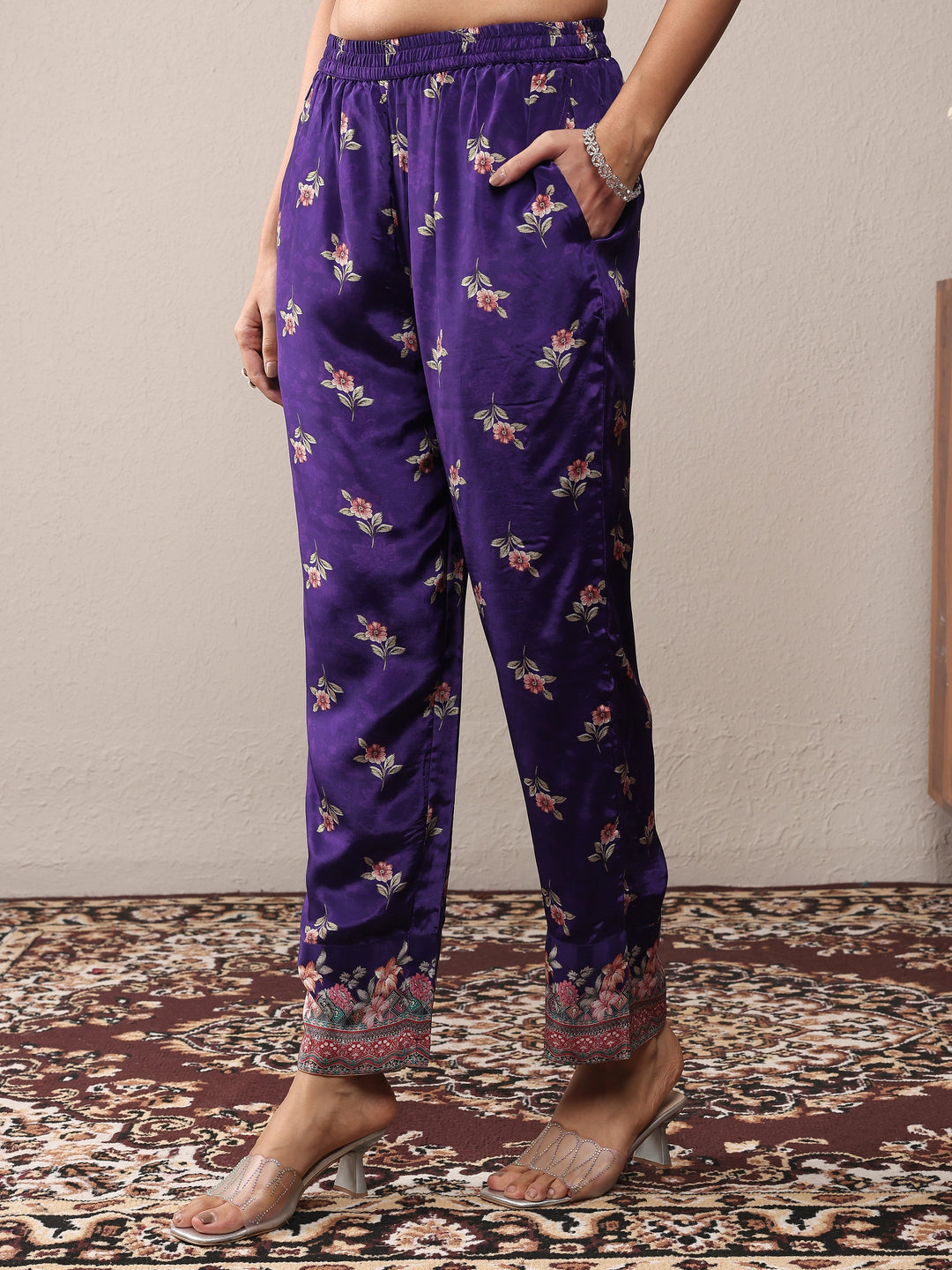 Libas Art Purple Printed Silk Crepe Straight Suit Set With Dupatta