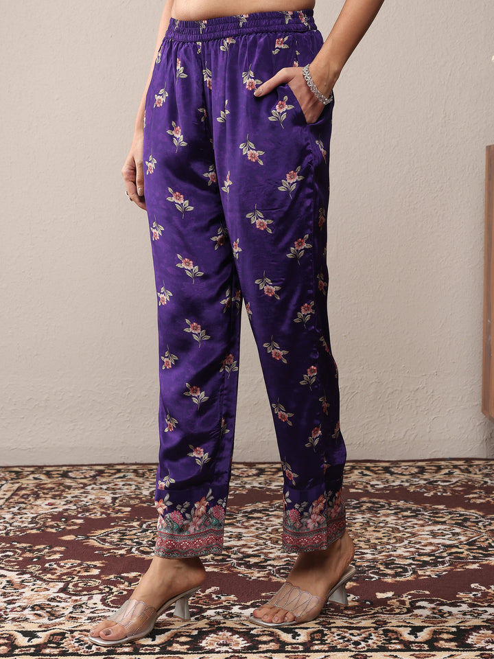 Libas Art Purple Printed Silk Crepe Straight Suit Set With Dupatta