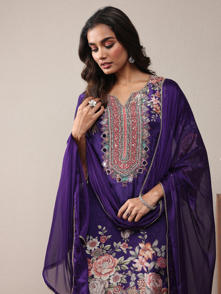 Libas Art Purple Printed Silk Crepe Straight Suit Set With Dupatta