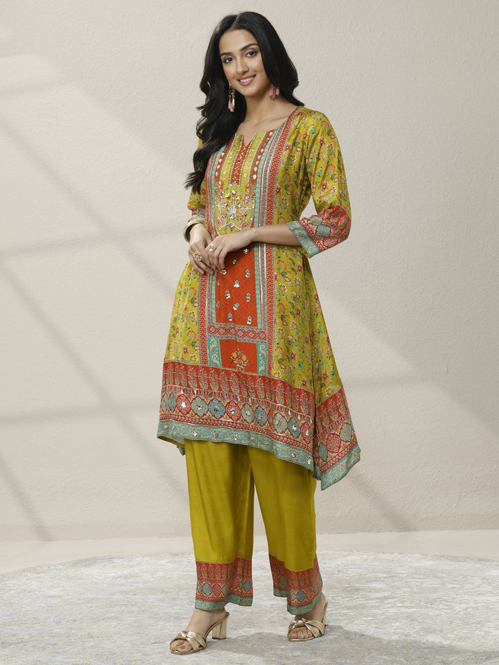 Green Printed Silk Blend A-Line Suit Set With Dupatta