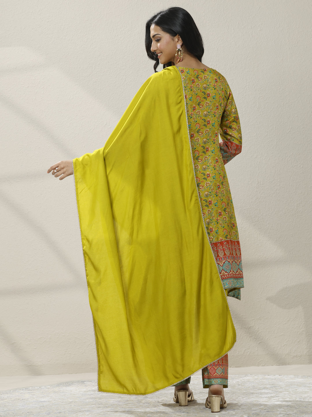 Green Printed Silk Blend A-Line Suit Set With Dupatta