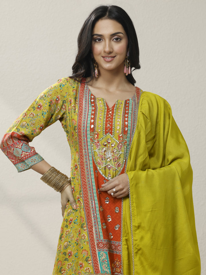 Green Printed Silk Blend A-Line Suit Set With Dupatta