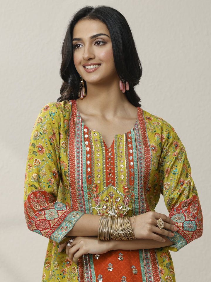 Green Printed Silk Blend A-Line Suit Set With Dupatta