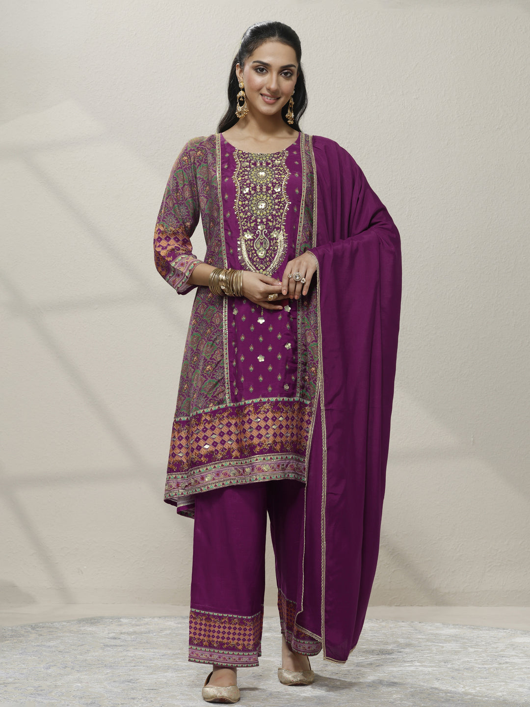 Magenta Embroidered Silk blend A-line Suit Set With Dupatta