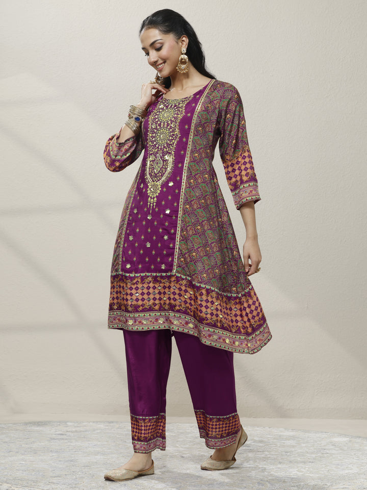 Magenta Embroidered Silk blend A-line Suit Set With Dupatta