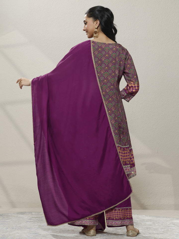 Magenta Embroidered Silk blend A-line Suit Set With Dupatta