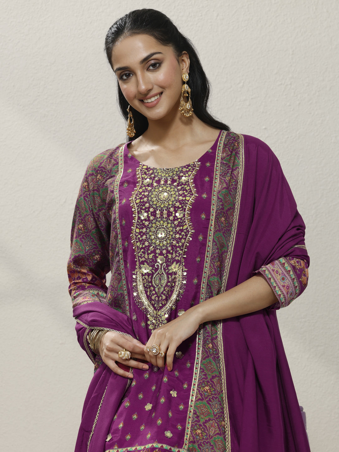 Magenta Embroidered Silk blend A-line Suit Set With Dupatta