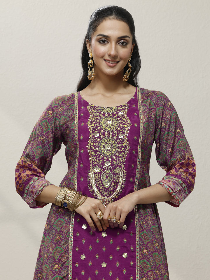 Magenta Embroidered Silk blend A-line Suit Set With Dupatta