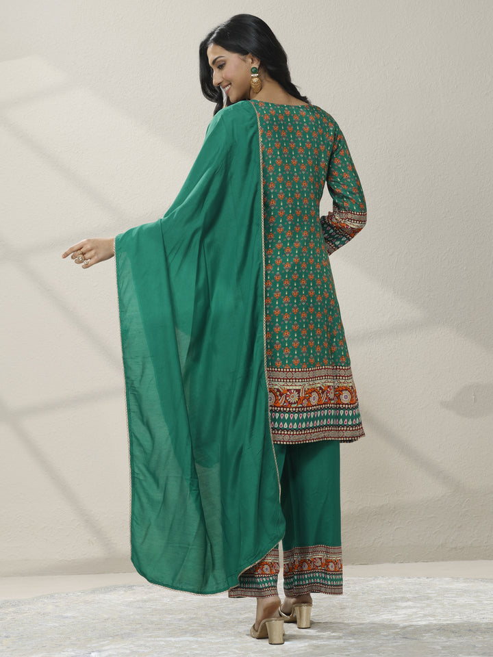Green Printed Muslin A-Line Suit Set With Dupatta
