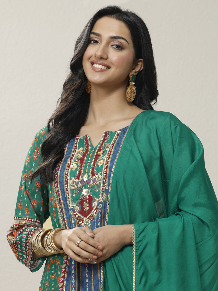 Green Printed Muslin A-Line Suit Set With Dupatta