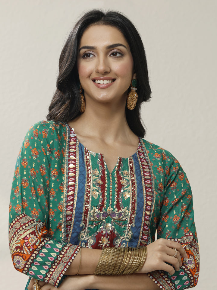 Green Printed Muslin A-Line Suit Set With Dupatta