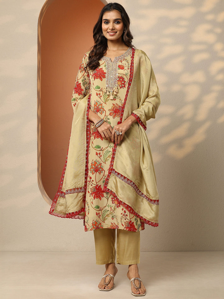 Libas Art Beige Printed Silk Blend Straight Suit Set With Dupatta