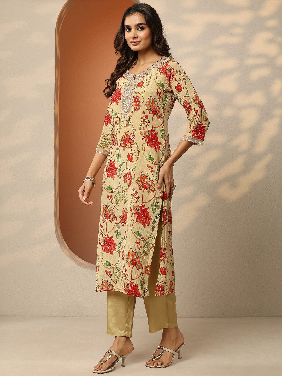 Libas Art Beige Printed Silk Blend Straight Suit Set With Dupatta