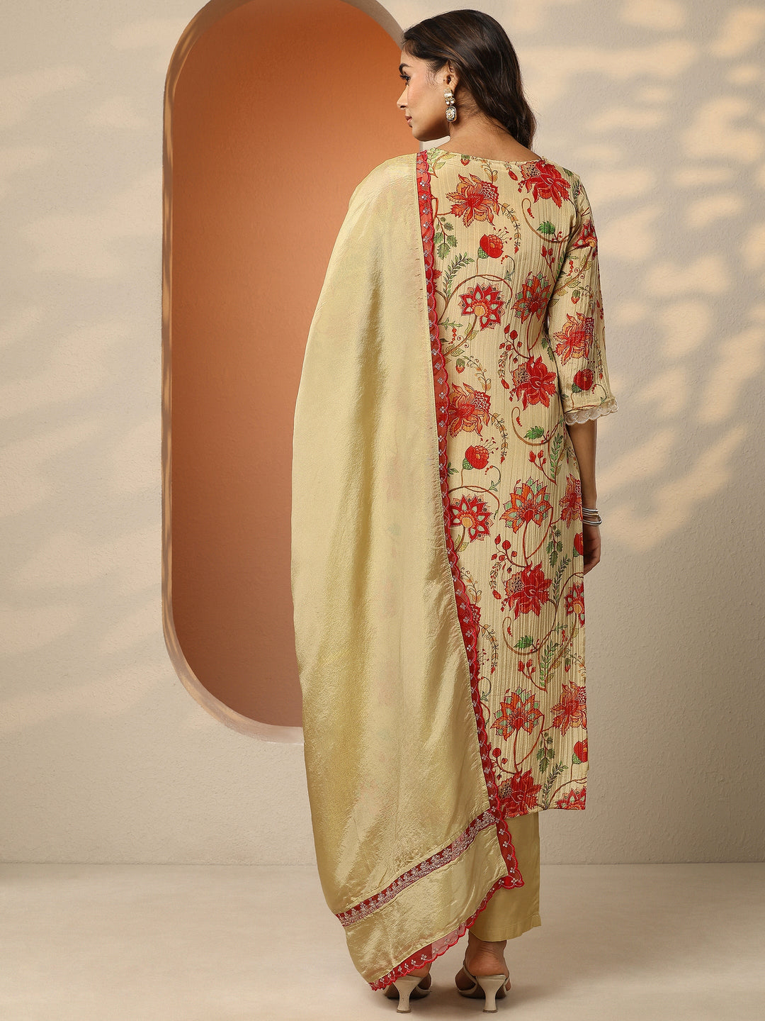 Libas Art Beige Printed Silk Blend Straight Suit Set With Dupatta