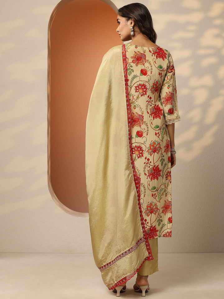 Libas Art Beige Printed Silk Blend Straight Suit Set With Dupatta