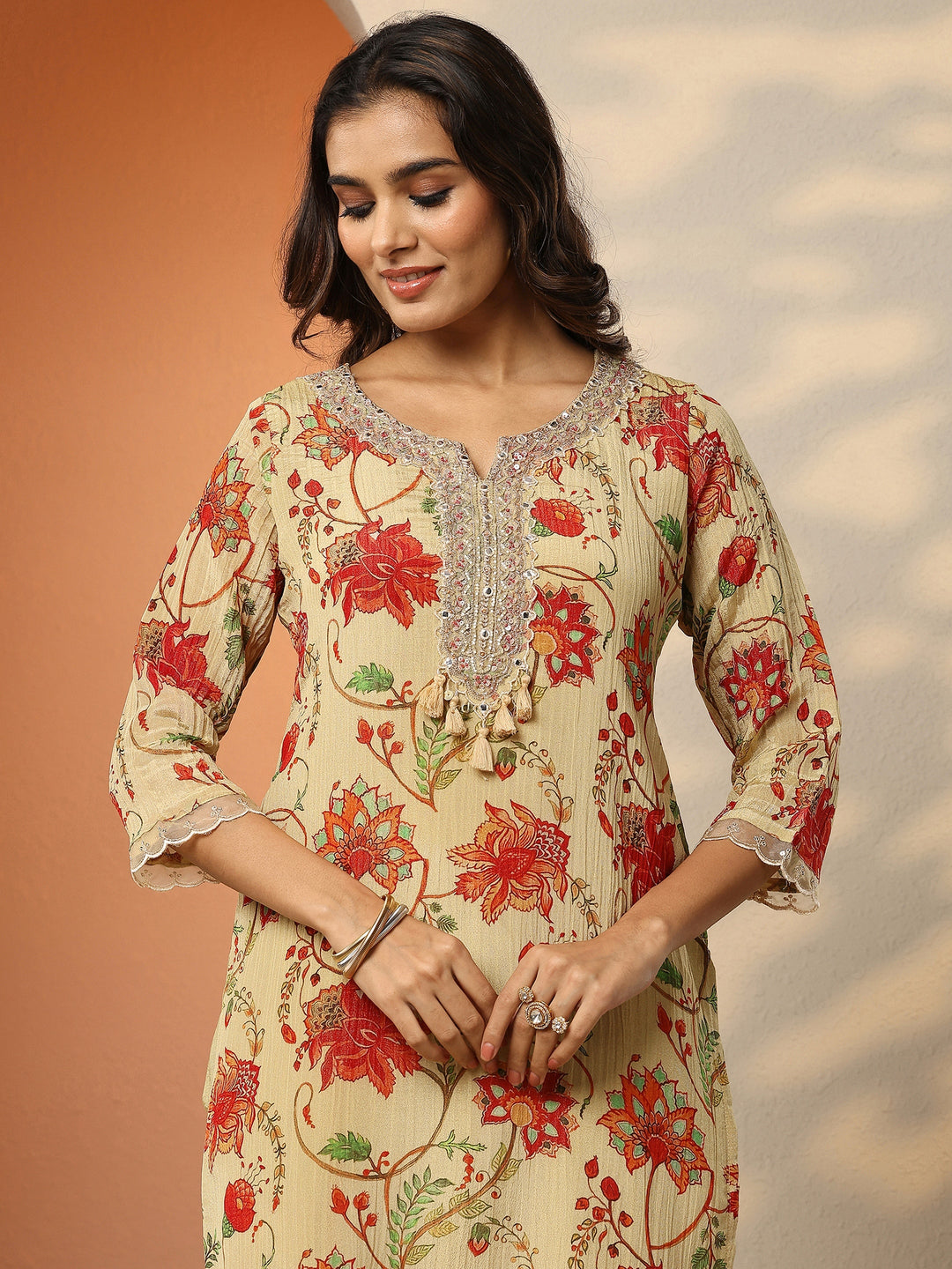 Libas Art Beige Printed Silk Blend Straight Suit Set With Dupatta