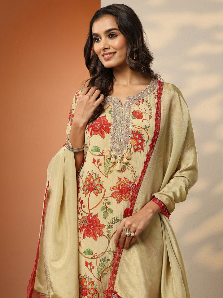 Libas Art Beige Printed Silk Blend Straight Suit Set With Dupatta