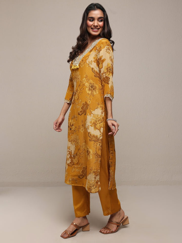 Libas Art Mustard Printed Silk Blend Straight Suit Set With Dupatta