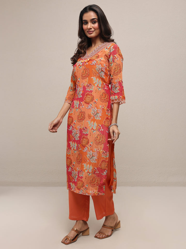 Libas Art Orange Printed Silk Blend Straight Suit Set With Dupatta