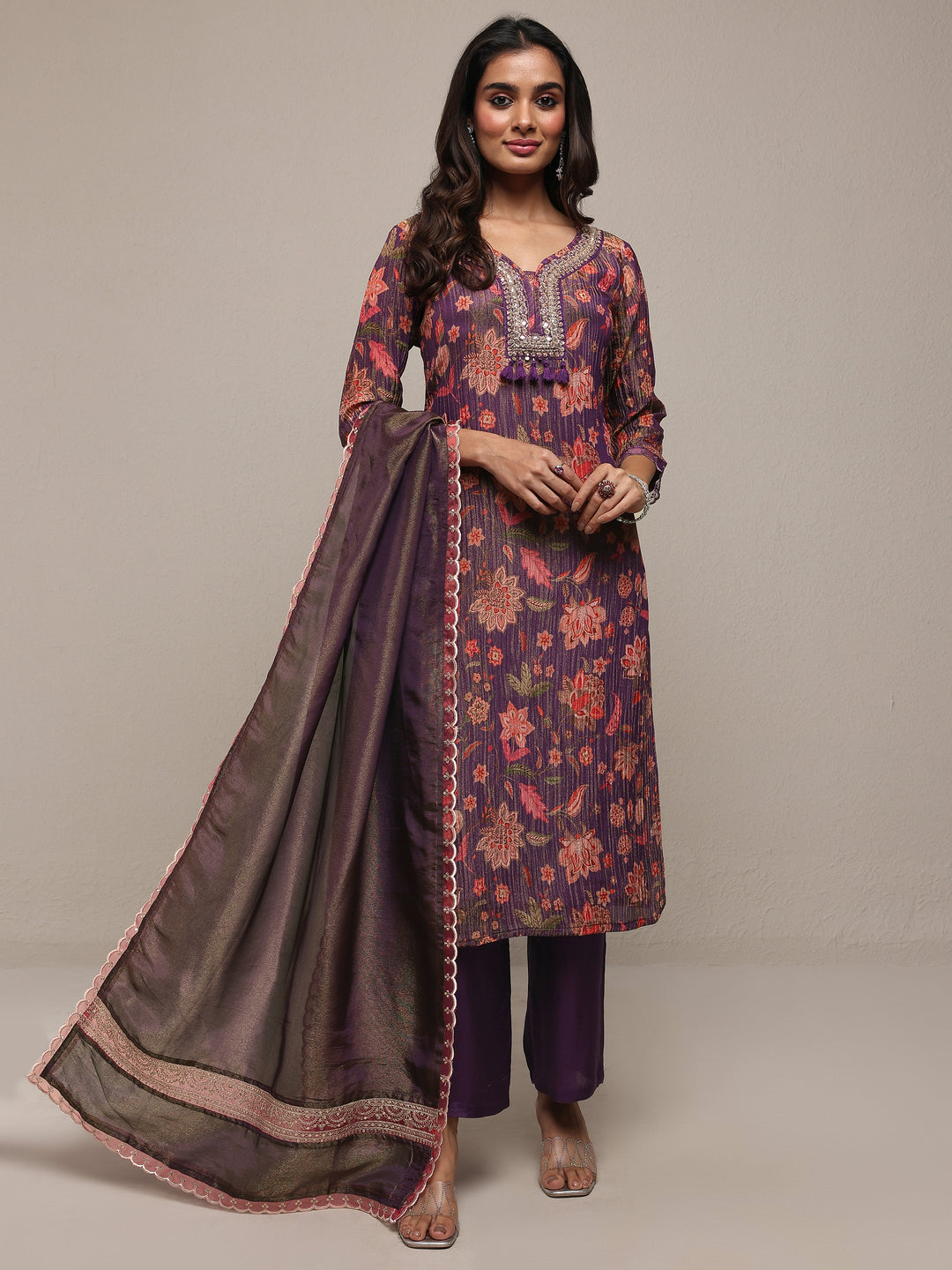 Libas Art Purple Printed Silk Blend Straight Suit Set With Dupatta