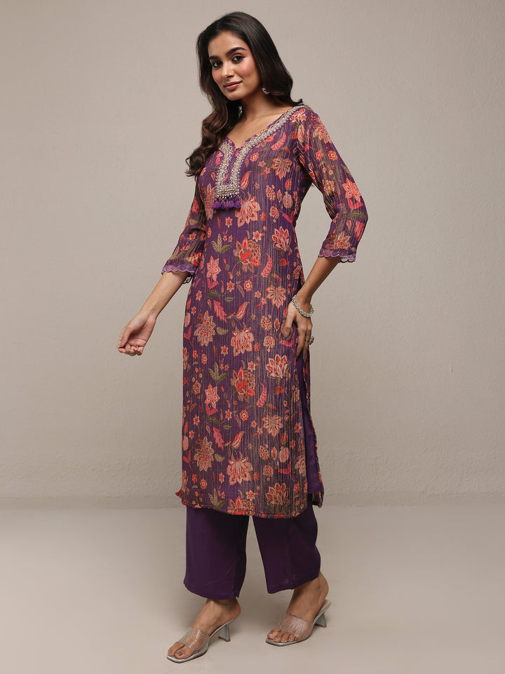 Libas Art Purple Printed Silk Blend Straight Suit Set With Dupatta