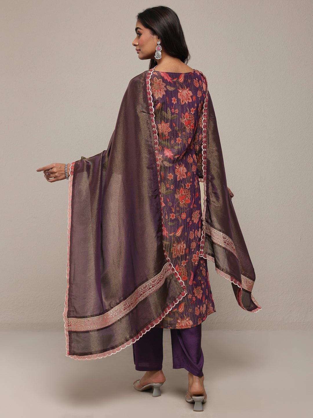 Libas Art Purple Printed Silk Blend Straight Suit Set With Dupatta