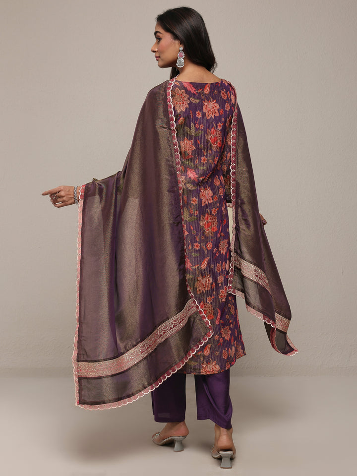 Libas Art Purple Printed Silk Blend Straight Suit Set With Dupatta