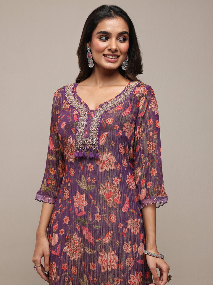 Libas Art Purple Printed Silk Blend Straight Suit Set With Dupatta