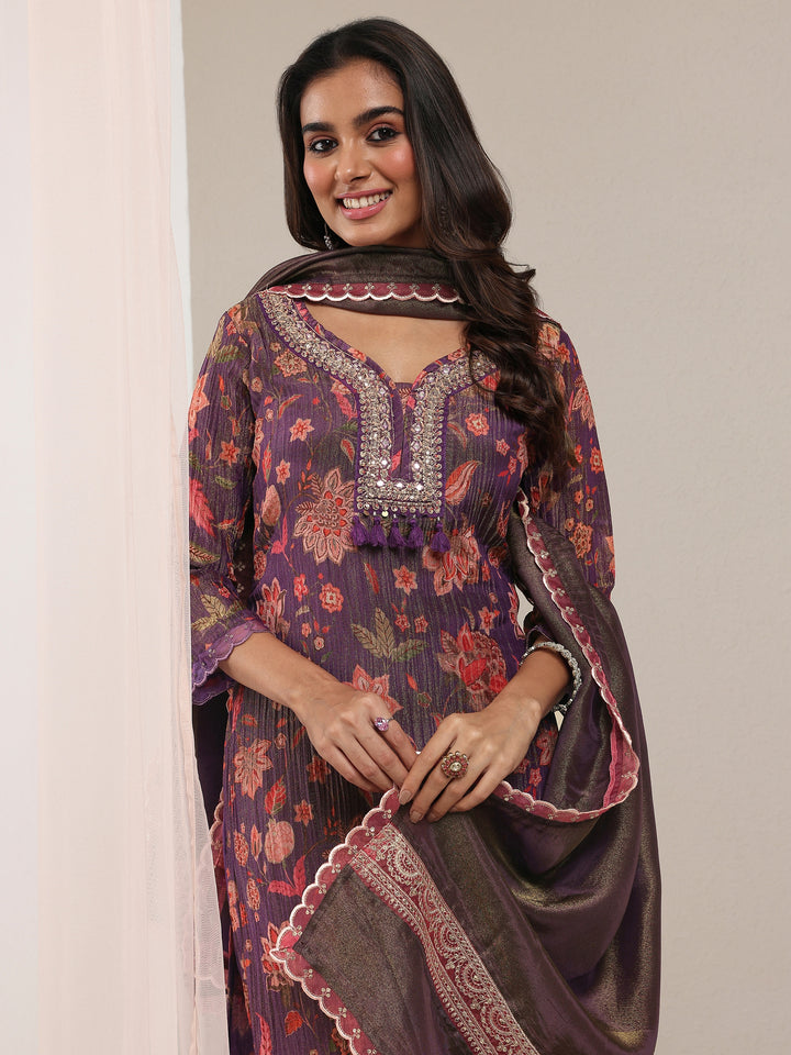 Libas Art Purple Printed Silk Blend Straight Suit Set With Dupatta