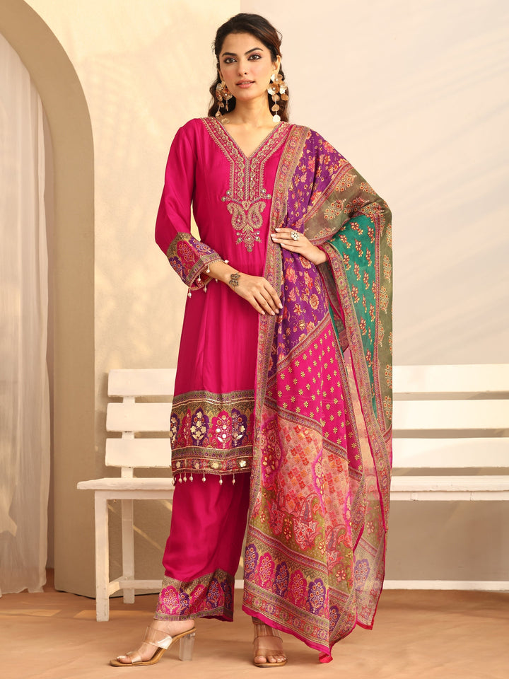 Pink Printed Silk Blend A-Line Suit Set With Dupatta