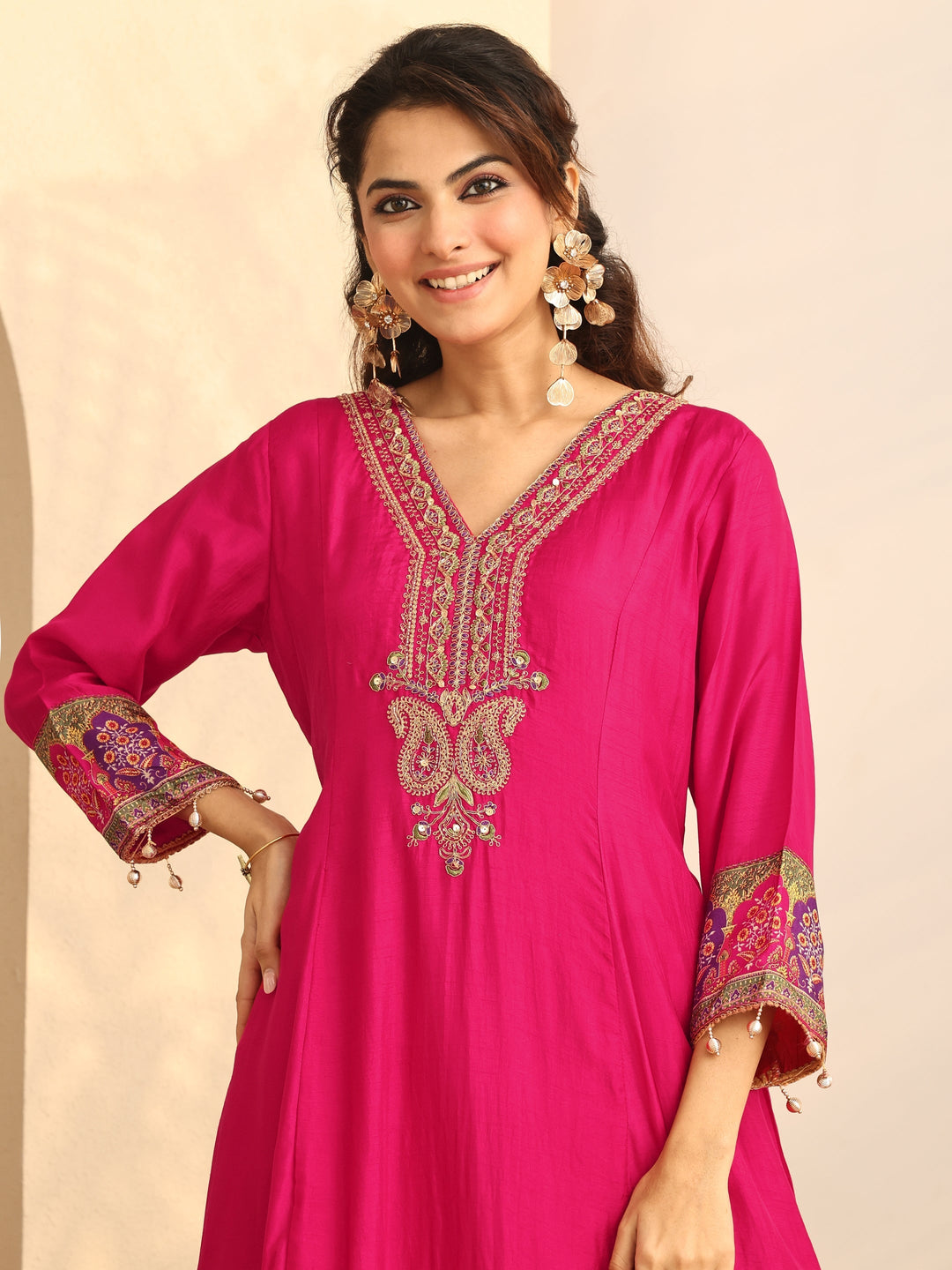 Pink Printed Silk Blend A-Line Suit Set With Dupatta