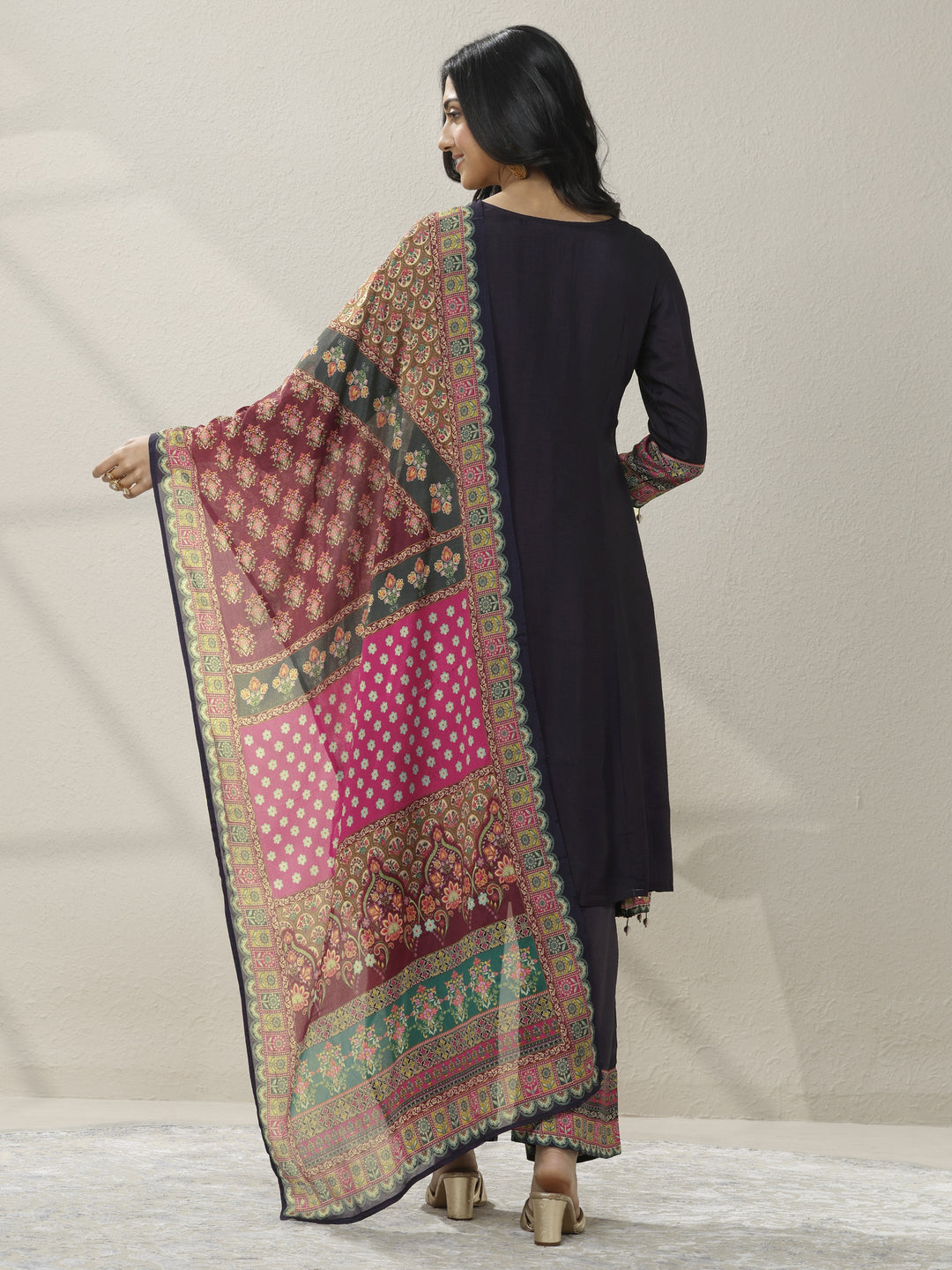 Blue Embroidered Silk blend A-line Suit Set With Dupatta