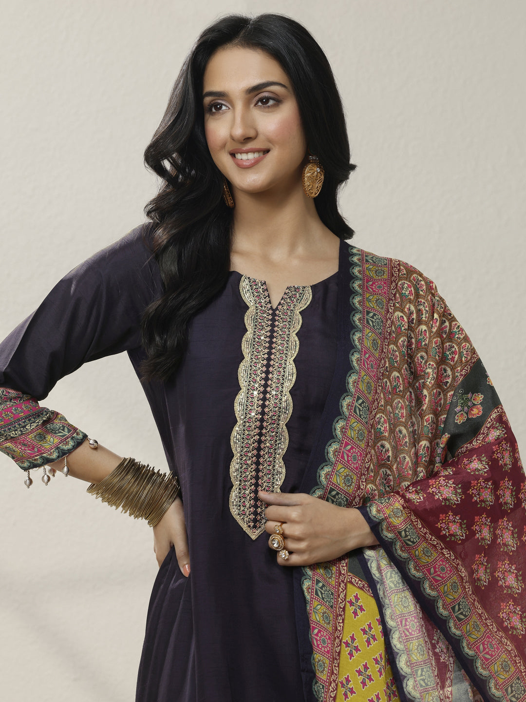 Blue Embroidered Silk blend A-line Suit Set With Dupatta