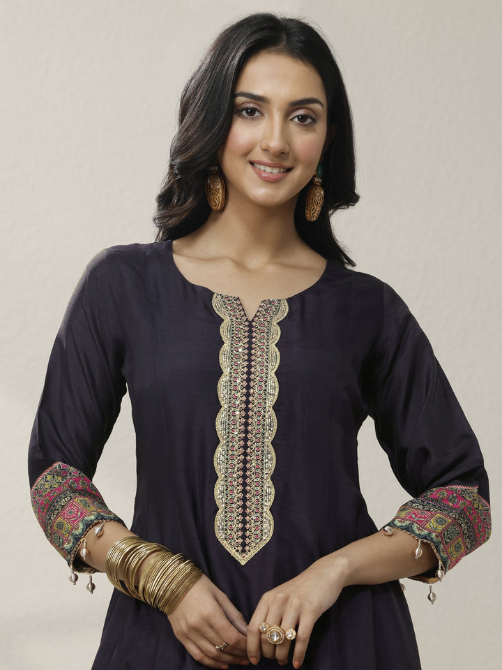 Blue Embroidered Silk blend A-line Suit Set With Dupatta