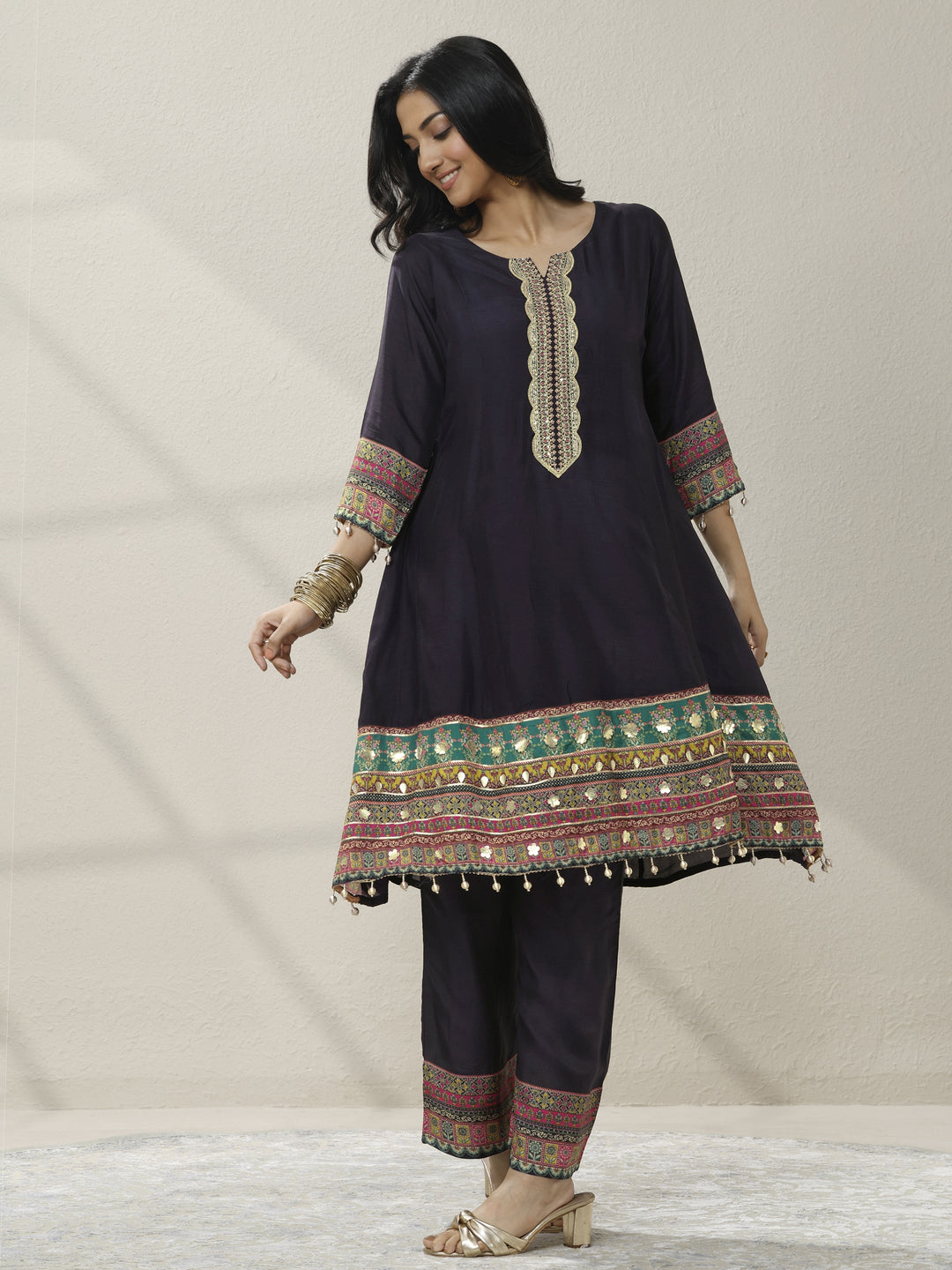 Blue Embroidered Silk blend A-line Suit Set With Dupatta