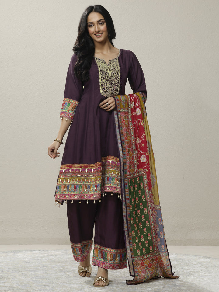 Burgundy Embroidered Silk blend A-line Suit Set With Dupatta