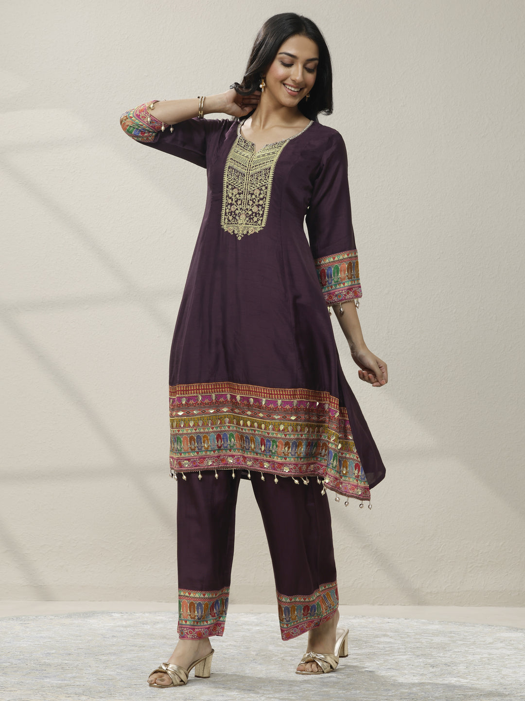 Burgundy Embroidered Silk blend A-line Suit Set With Dupatta