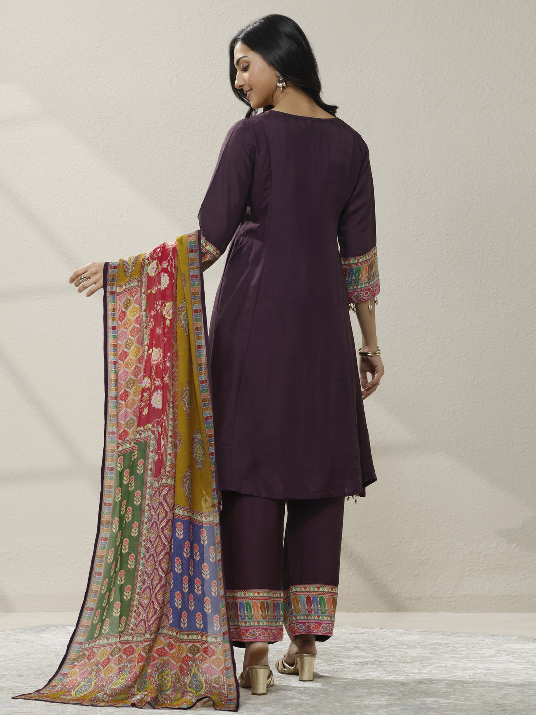 Burgundy Embroidered Silk blend A-line Suit Set With Dupatta