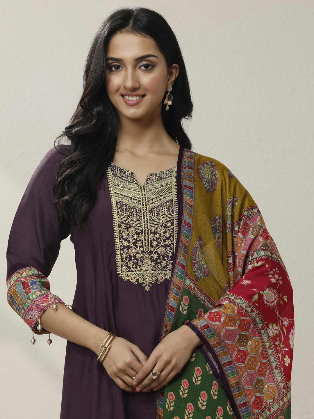 Burgundy Embroidered Silk blend A-line Suit Set With Dupatta