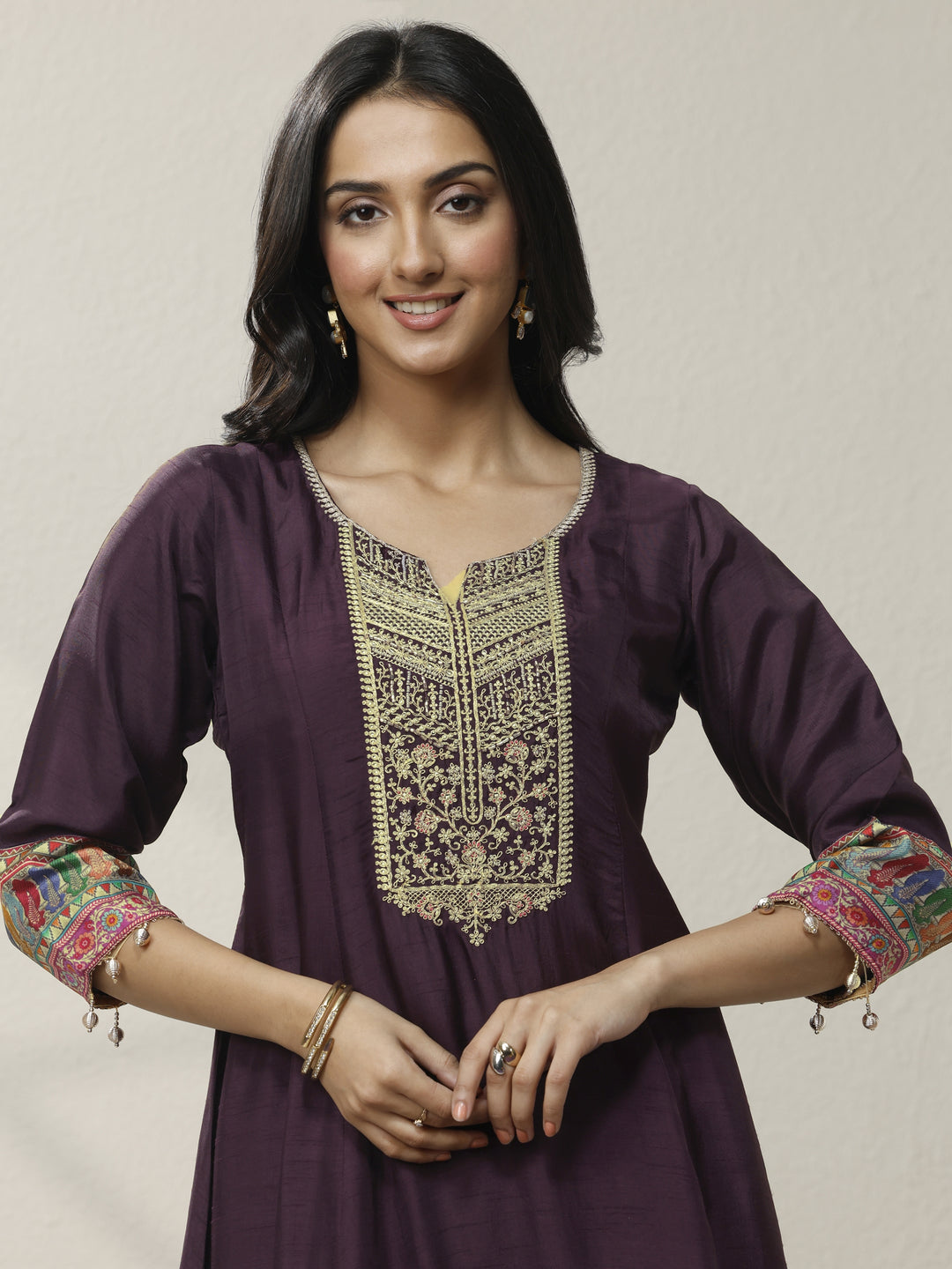 Burgundy Embroidered Silk blend A-line Suit Set With Dupatta