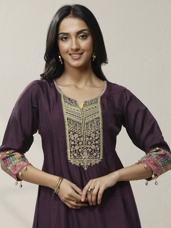 Burgundy Embroidered Silk blend A-line Suit Set With Dupatta