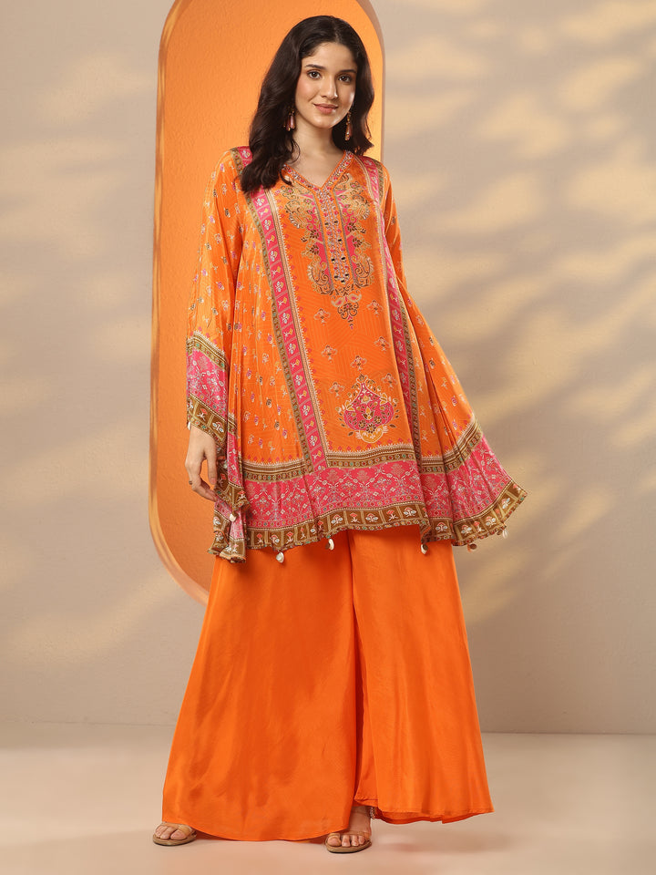 Libas Art Orange Printed Crepe A-Line Kurta Set