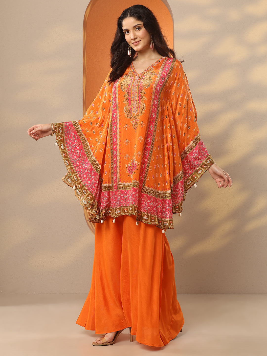 Libas Art Orange Printed Crepe A-Line Kurta Set