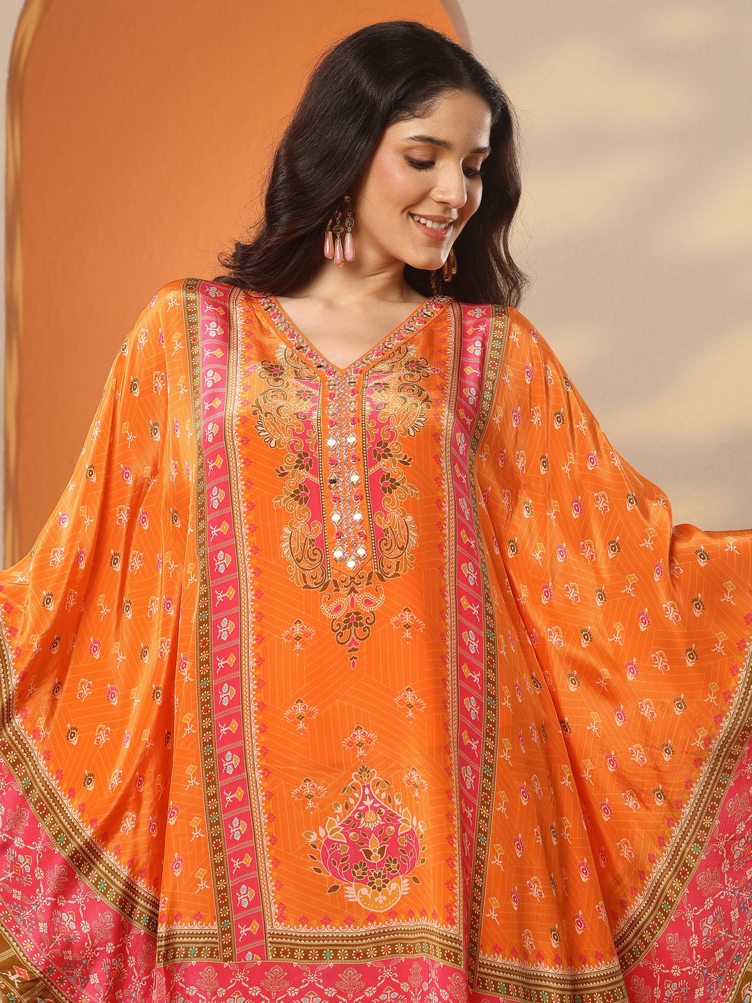 Libas Art Orange Printed Crepe A-Line Kurta Set