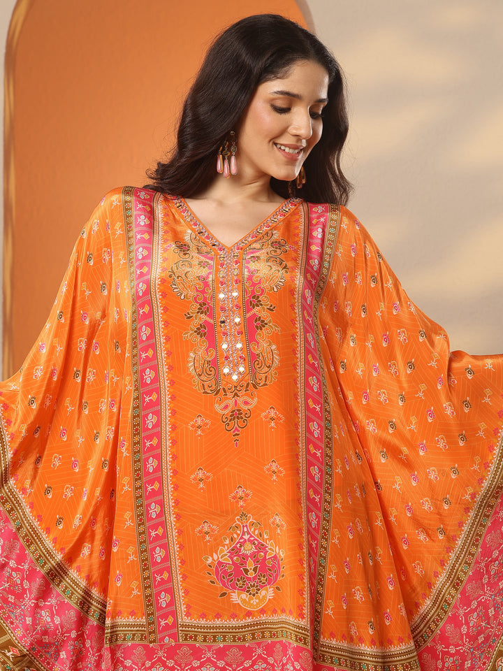Libas Art Orange Printed Crepe A-Line Kurta Set