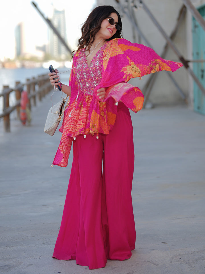 Pink Printed Crepe A-Line Kurta Set